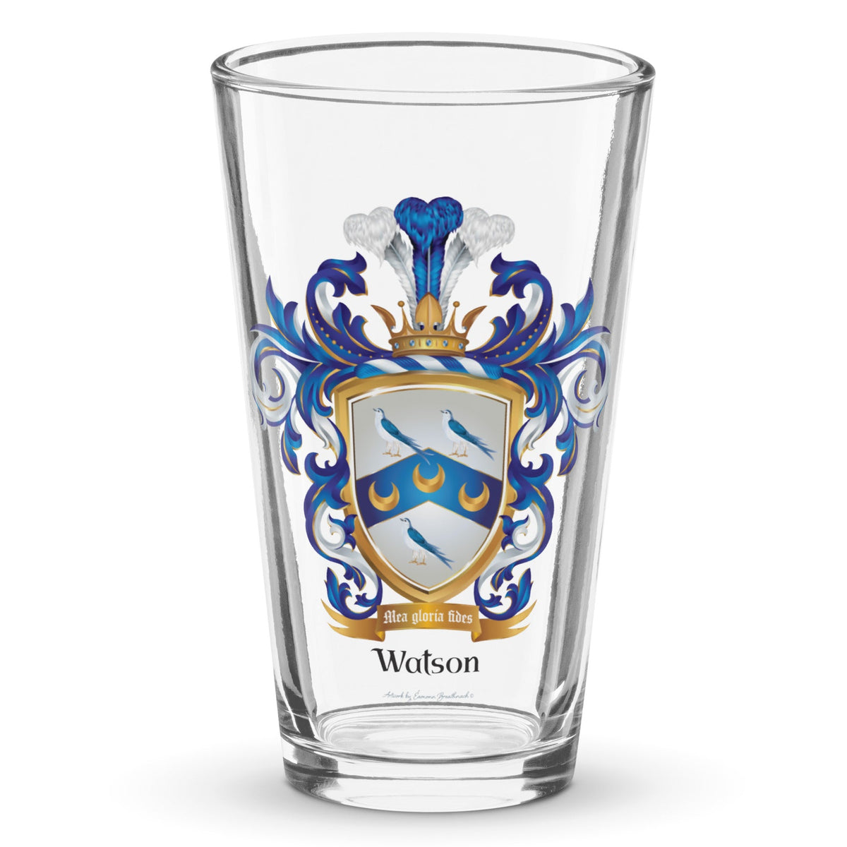 A clear classic pint beer glass on a white background, printed with the Watson Family Crest featuring 3 doves and 3 crescents.