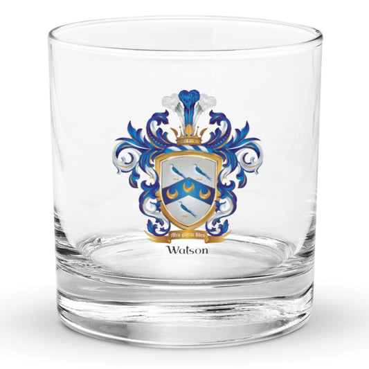 A Watson Family Crest Rocks Glass on a plain white background -Family Crests Store