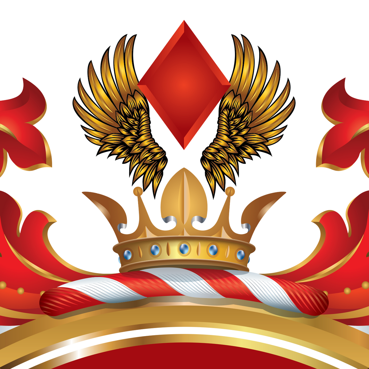 A close up of the Watts coat of arms featuring a red diamond above a crown, with gold wings and red-and-white ribbon mantling elements on a white background.