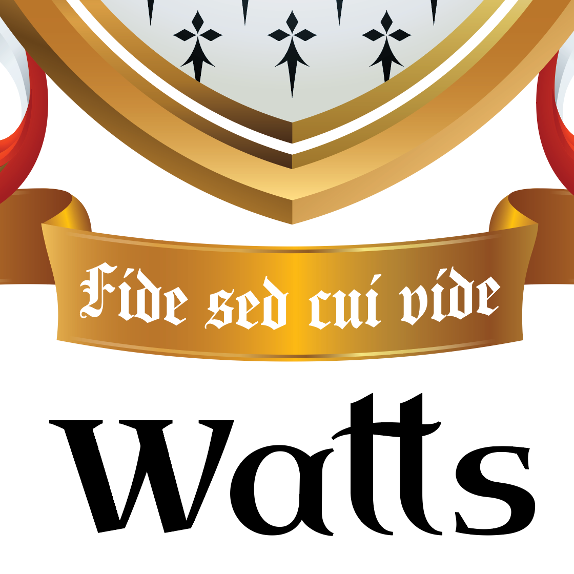 A closeup of the Watts family coat of arms featuring a gold motto banner with the Latin phrase 'Fide sed cui vide' in white gothic lettering, above the word 'Watts' in large black serif font on a white background.
