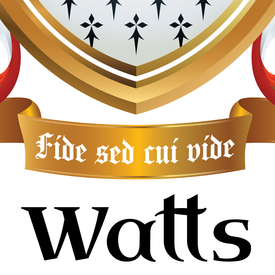 A close up of the Watts coat of arms featuring a white shield, black ermine pattern, a gold motto scroll reading 'Fide sed cui vide', and the word 'Watts' in large black serif font below on a white background.