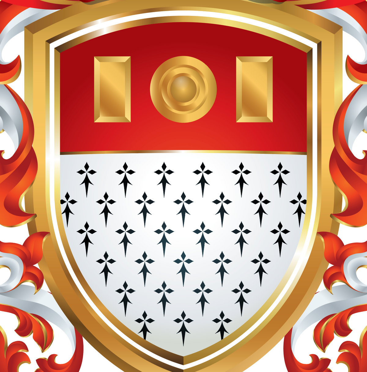 A closeup of the Watts family coat of arms featuring a heraldic shield crest with a red upper section, gold border and gold decorative elements, a white lower section with black ermine, and ornate red-and-white manrling around the edges.