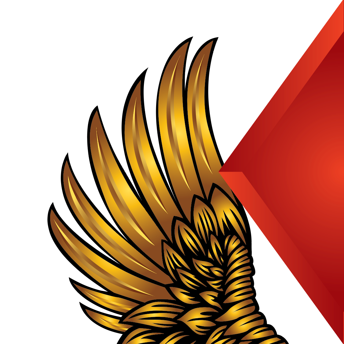 A close up of the Watts coat of arms featuring a golden wing graphic with black outlines and a red diamond shape on a white background.