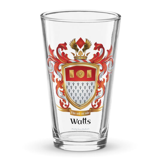 The Watts Family Crest on a classic beer glass pictured on a white background