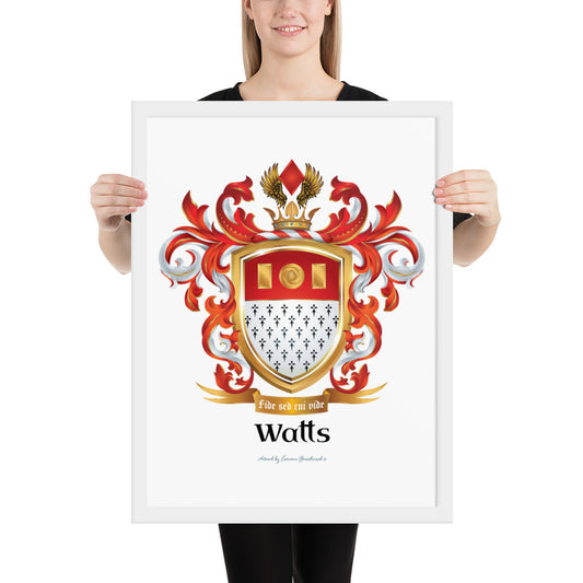 A woman holding a Watts Family Crest framed artprint-Family Crests Store
