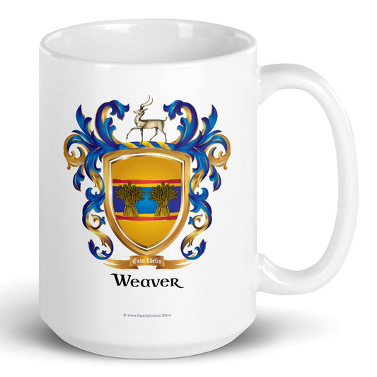 A white mug with Waver_Family_Crest on a white bakground.