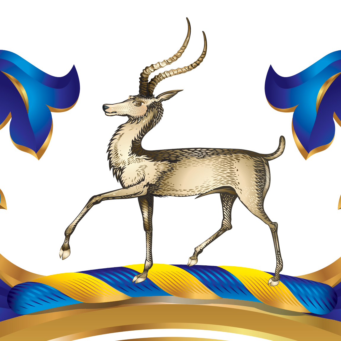 A closeup detail from the Weaver Family Crest of an antelope with long curved horns, shown in profile standing on the crest against a white background with blue and gold mantling either side of it.