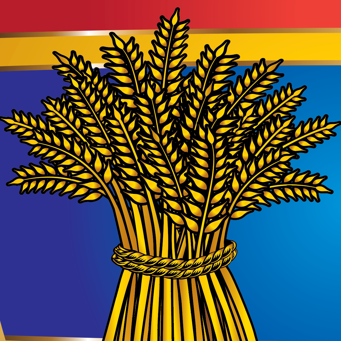A closeup detail from the Weaver Family Crest of a stylised  golden sheaf of wheat bundle tied with rope, centered on a blue background with red and gold horizontal stripes.