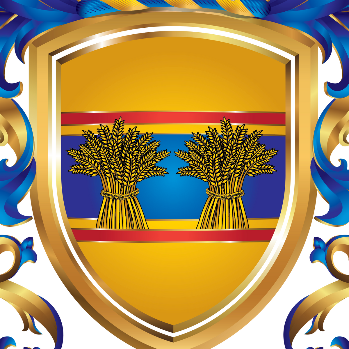A closeup detail from the Weaver Family Crest of a shield featuring two golden wheat sheaves on a blue and red striped background, surrounded by a gold border and blue/gold mantling on a white background.