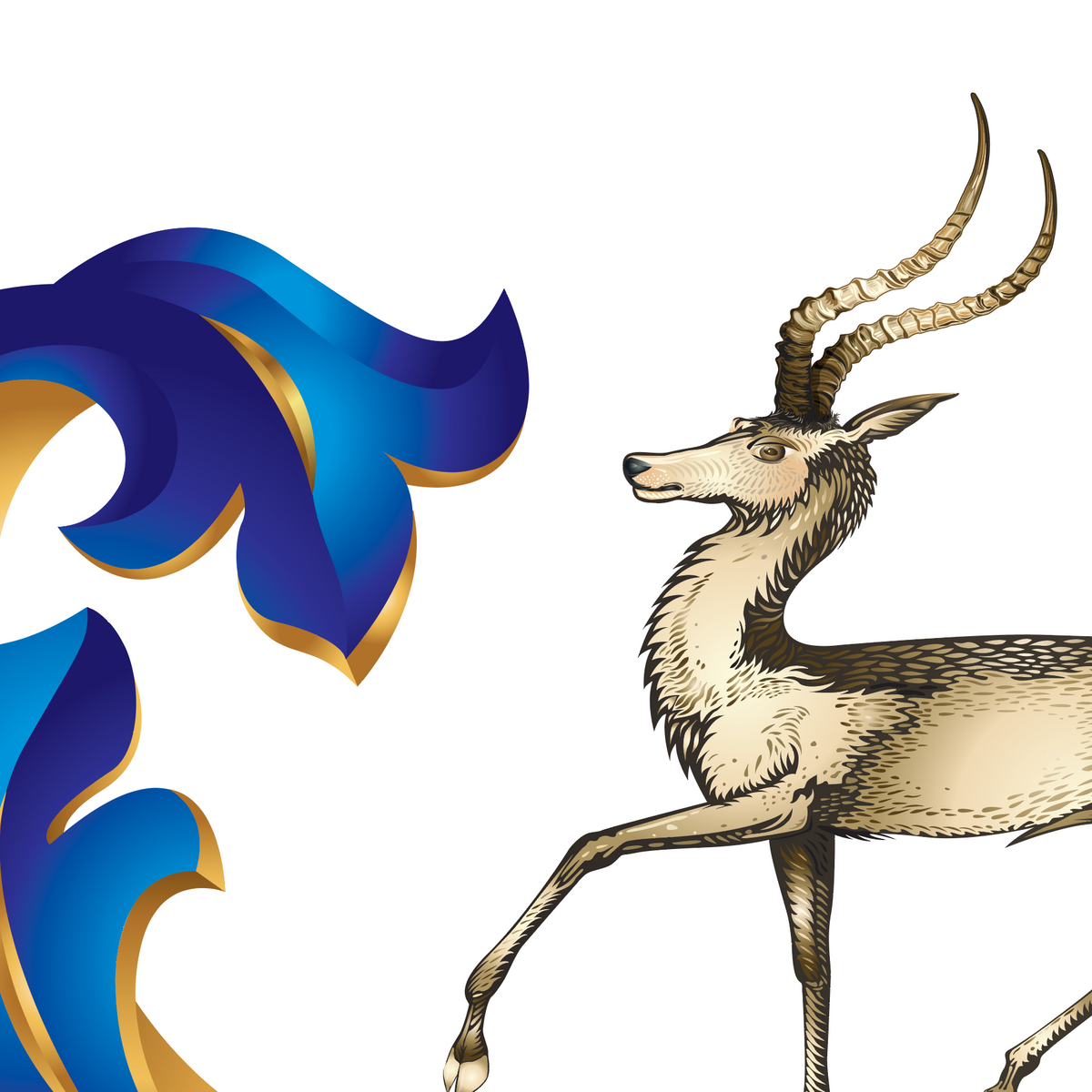 A closeup detail from the Weaver Family Crest of an antelop with long curved horns on a white background, alongside bold blue and gold mantling.