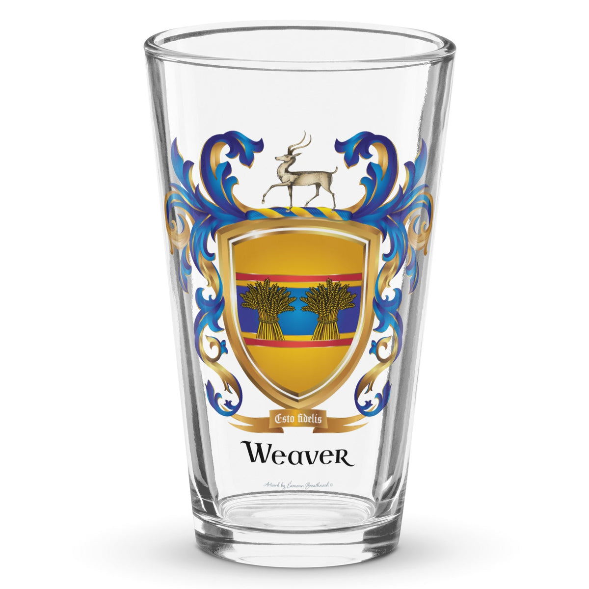 Weaver Family Crest beer glass with sheaves of wheat and an antelpoe on a beer glass - Family Crests Store