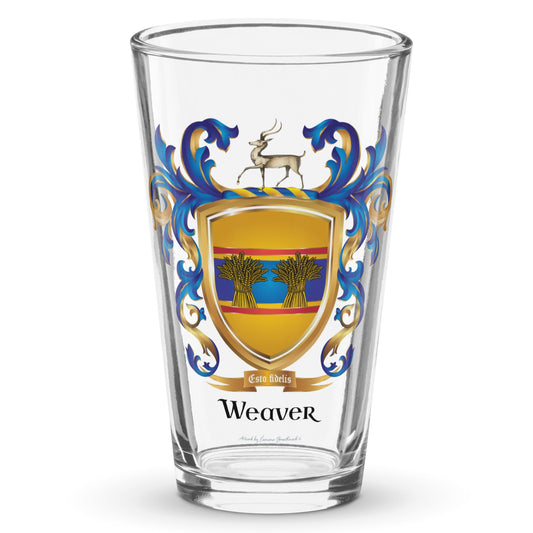 Weaver Family Crest beer glass with sheaves of wheat and an antelpoe on a beer glass - Family Crests Store
