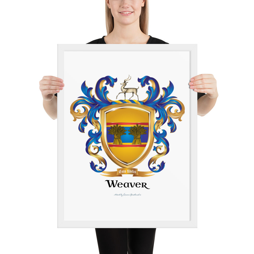 Weaver Family Crest framed artprint with sheaves of wheat and an antelope