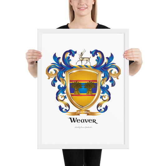 Weaver Family Crest framed artprint with sheaves of wheat and an antelope