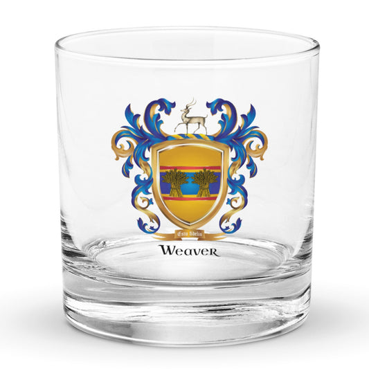Weaver Family Crest Rocks Glass with sheaves of wheat and an antelope-Family Crests Store