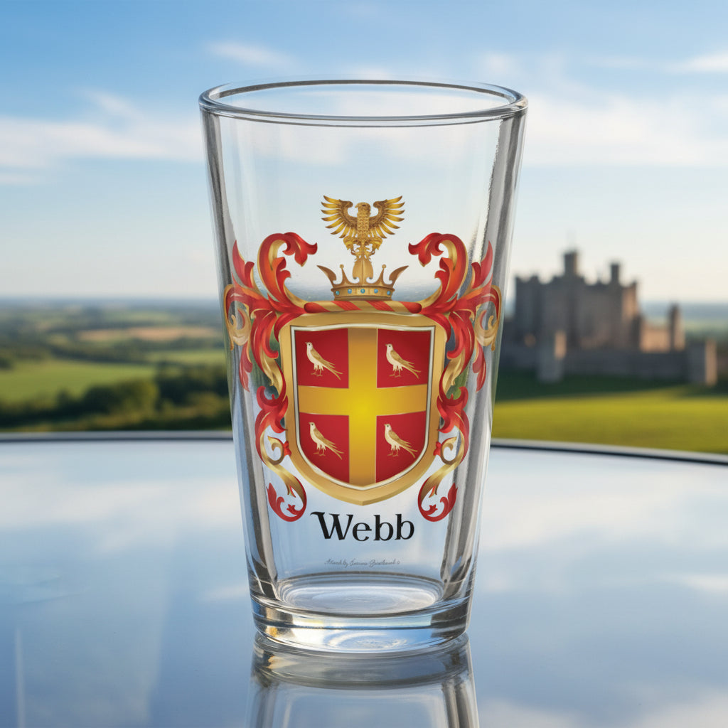 A clear pint glass featuring a printed Webb family crest with a gold eagle, red and yellow shield, and red mantlingk, shown on a glass tabletop with a castle background.