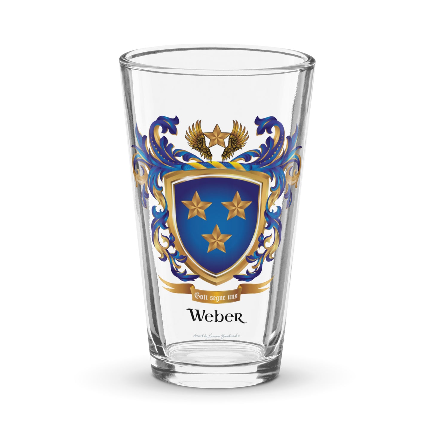 A glass pictured against a white background with the Weber Family Crest featuring 3 gold stars on a blue shield