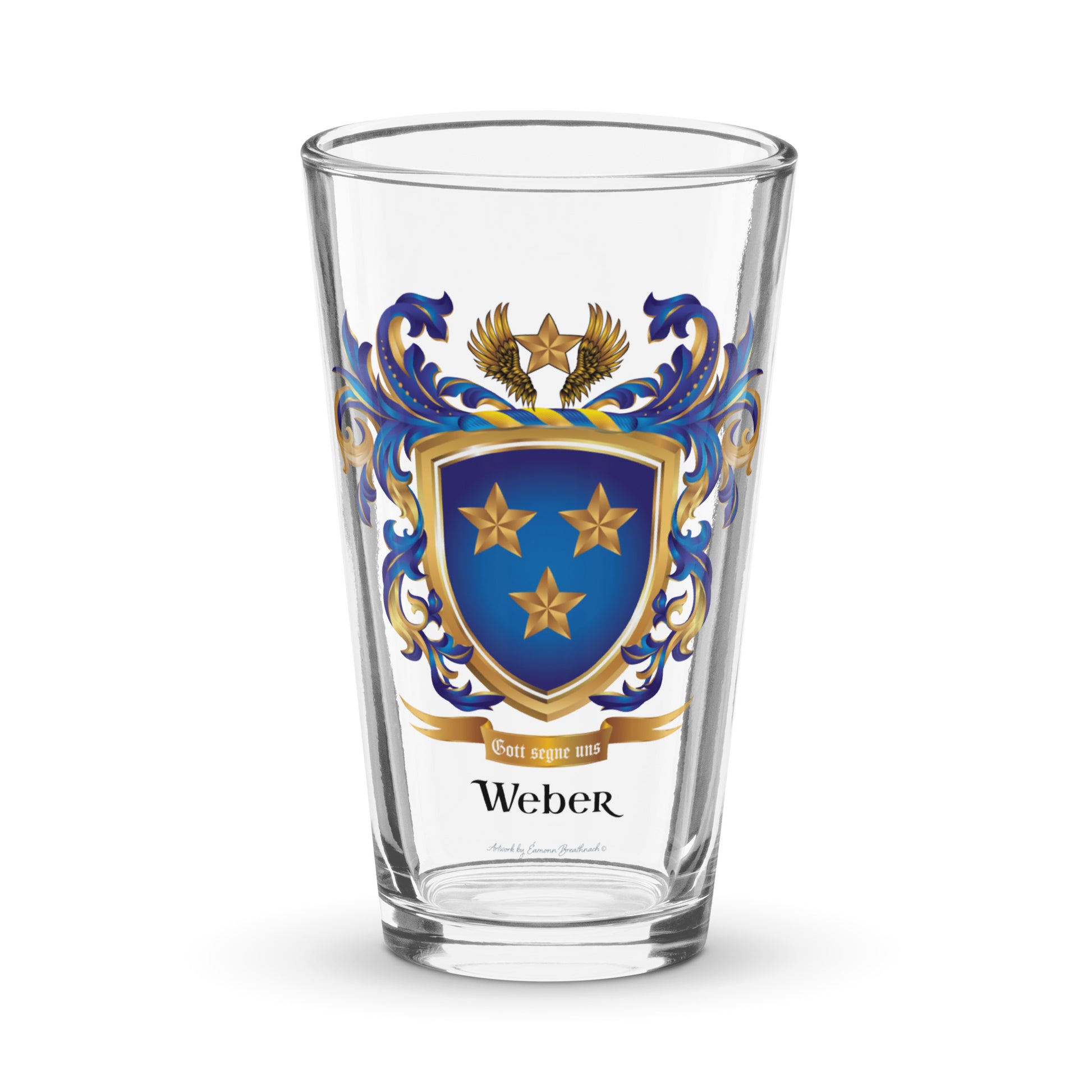 A glass pictured against a white background with the Weber Family Crest featuring 3 gold stars on a blue shield