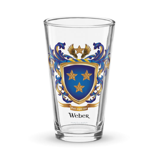 A glass pictured against a white background with the Weber Family Crest featuring 3 gold stars on a blue shield