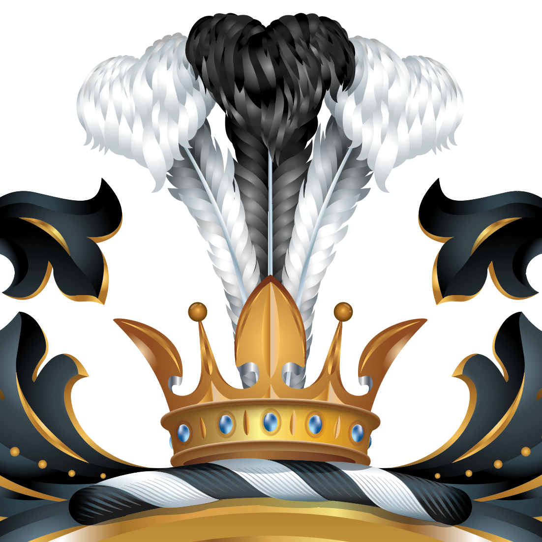 A decorative crest-style emblem featuring a gold crown with blue jewel accents, three tall feathers in black, white, and gray, and black scrollwork with gold trim on a white background.