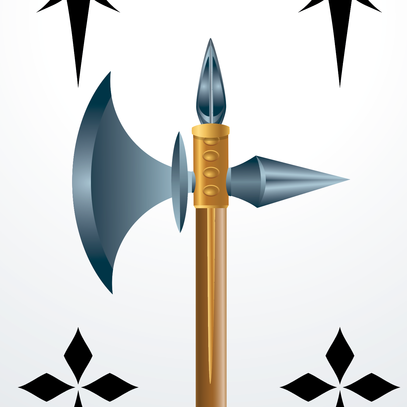 A medieval-style battle axe with a silver-gray blade, a gold-colored handle, and a spearhead on the crossguard, shown against a white background with black decorative symbols in the corners.