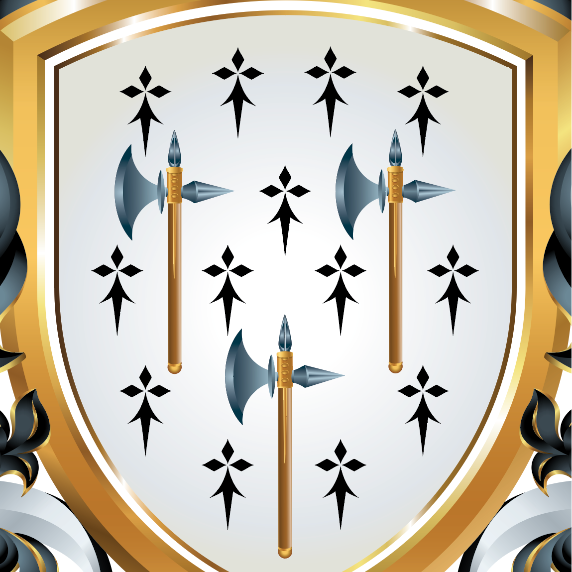 A heraldic shield design with a gold border, white field, black fleur-de-lis motifs, and three silver-and-gold axes, surrounded by ornate black-and-white scrollwork on a white background.