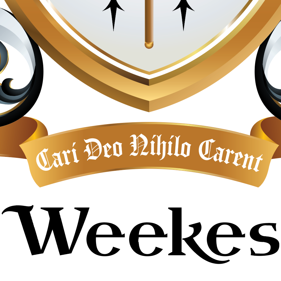 A graphic design featuring a gold crest with a white shield, black arrows, a gold banner reading 'Cari Deo Nihilo Carent', and the word 'Weekes' in large black serif text below on a white background.