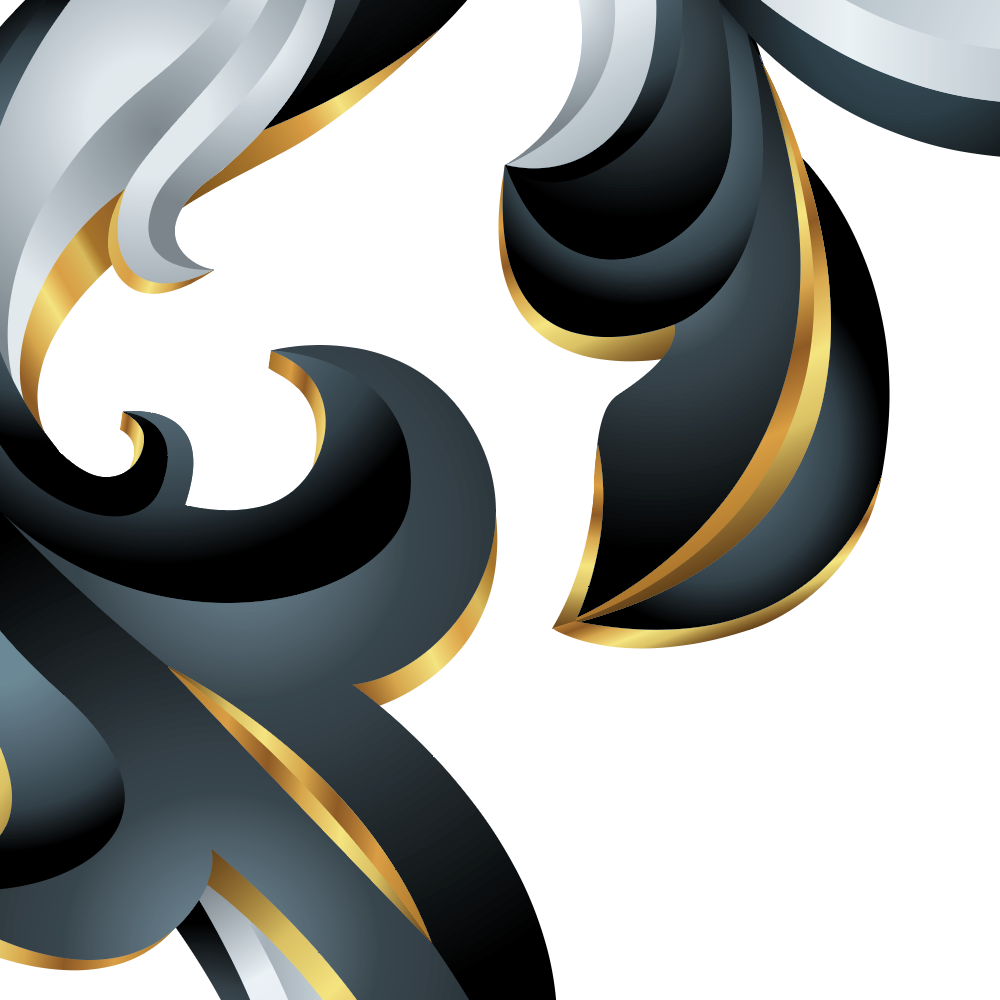 Abstract black, white, and metallic gold scrollwork pattern on a white background.