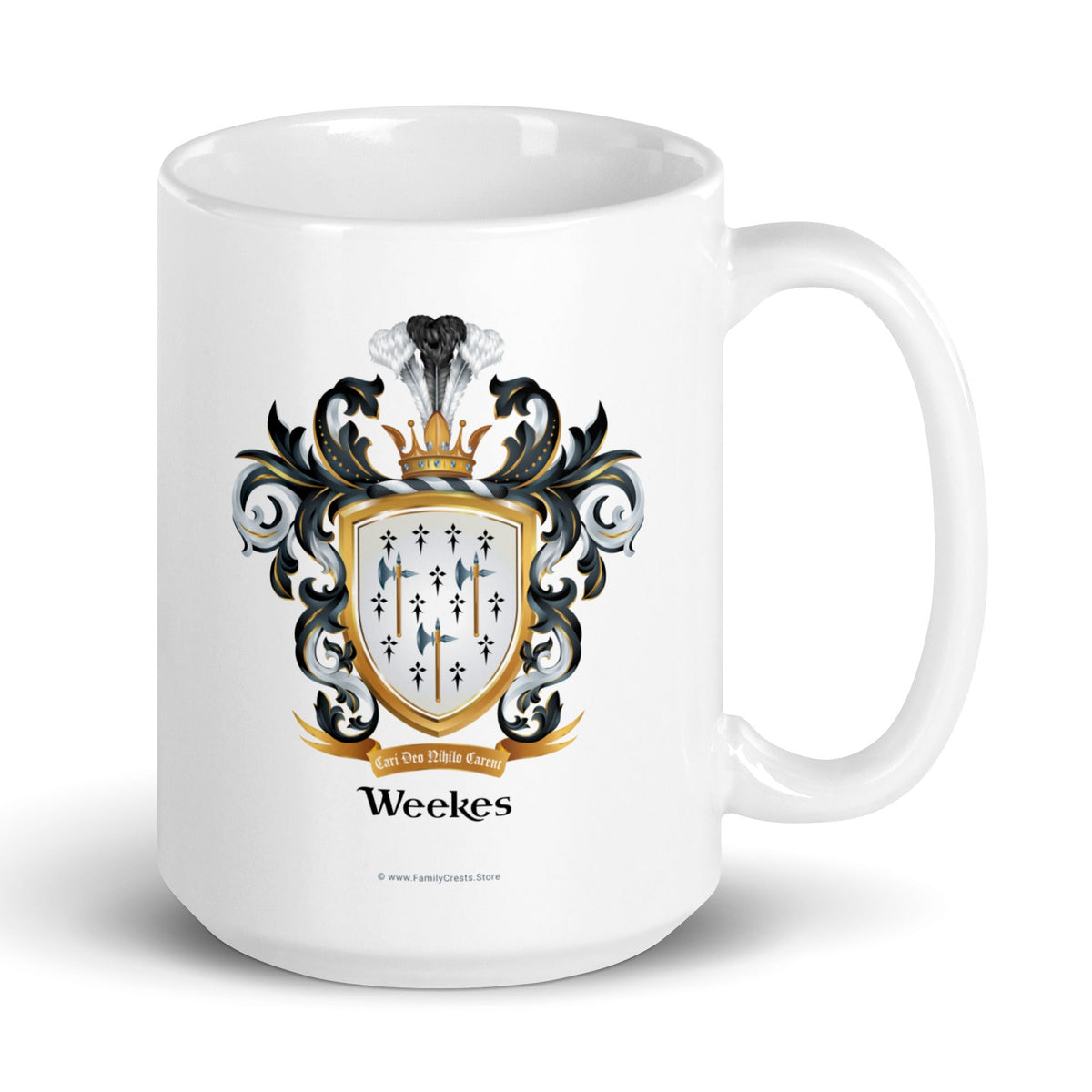 Weekes Family Crest mug with three axes on a white background -Family Crests Store