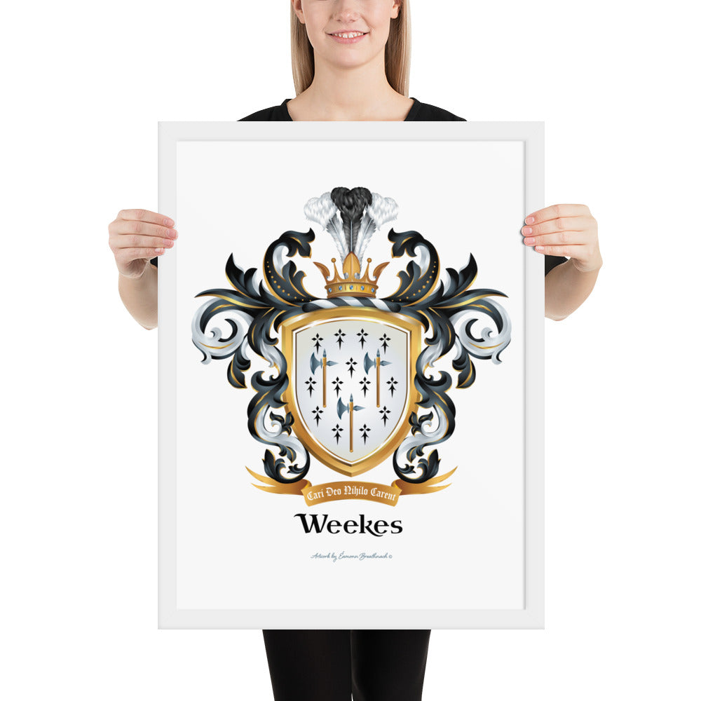 A woman holding a framed print of the  Weekes Family Crest -Family Crests Store