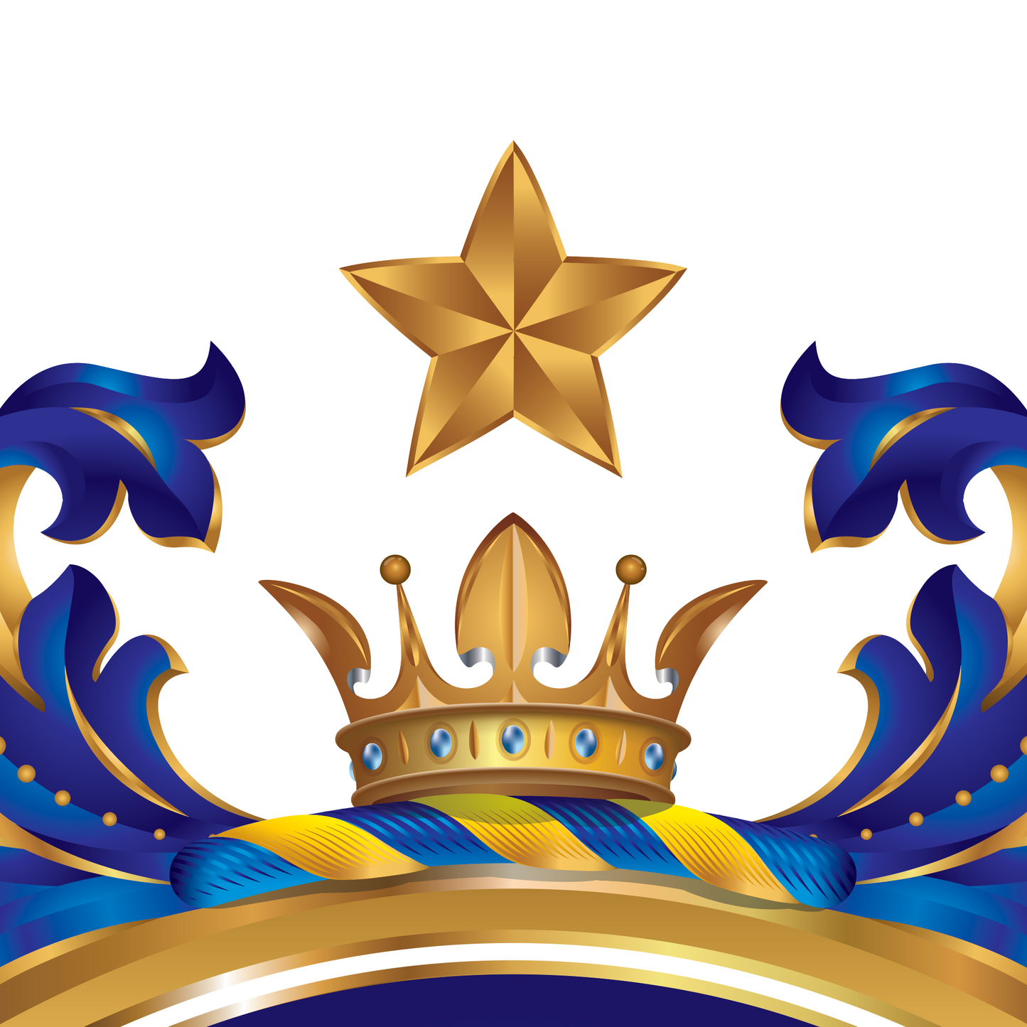 A closeup of the Welch Family Crest showing a gold five-pointed star above a gold crown, flanked by blue and gold mantling on a white background.