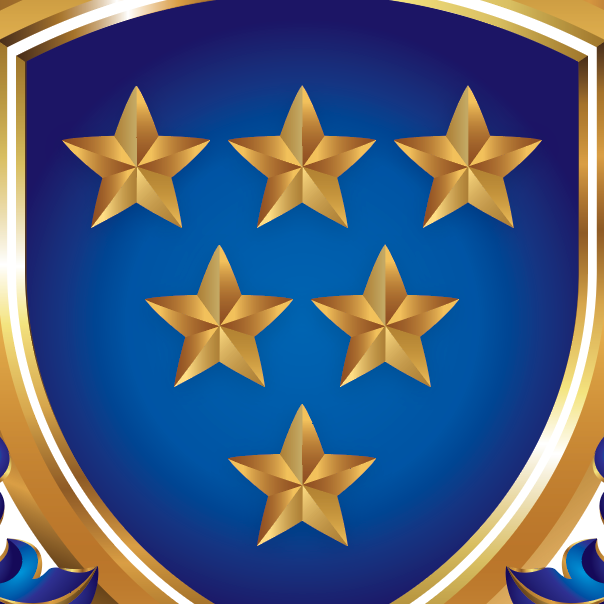 A closeup of the Welch Family Crest detailing a royal blue background with six  gold stars arranged in a triangle pattern.