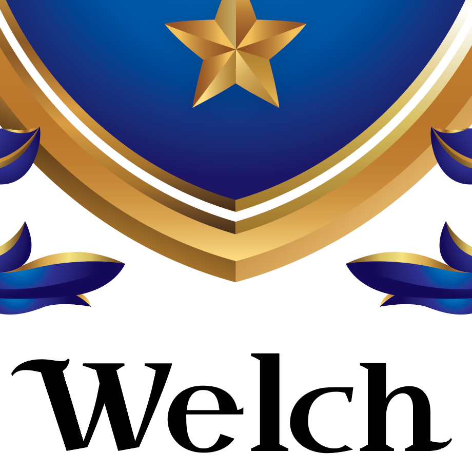 A closeup of the Welch Family Crest showing the word 'Welch' in large black serif letters below on a white background.
