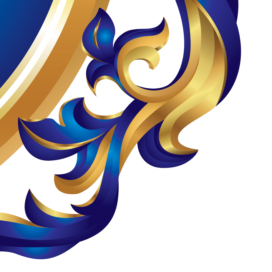 A closeup of the Welch Family Crest showing flowing blue and gold mantling beside a part of the shield on a white background.