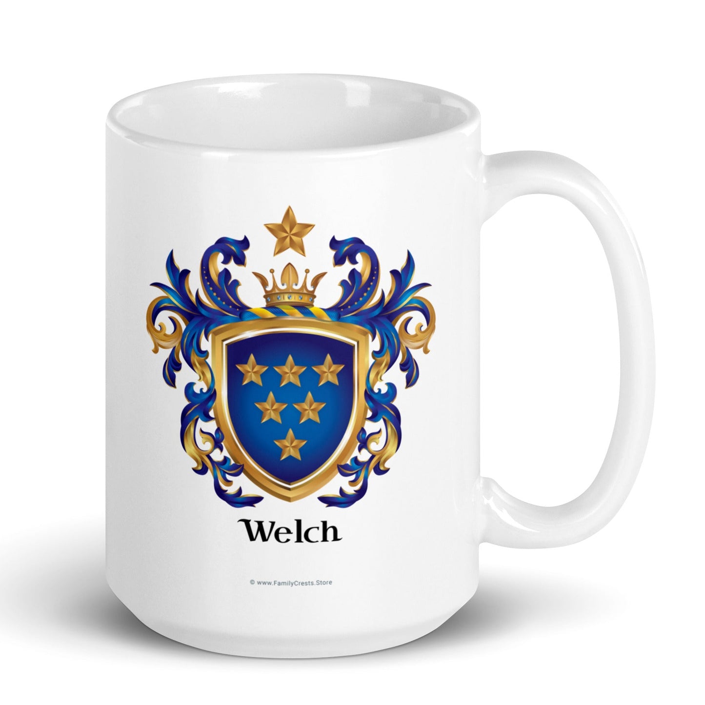 Welch Family Crest with six gold stars on blue shield printed on a white mug - English origin version of Welch coat of arms - Family Crests Store