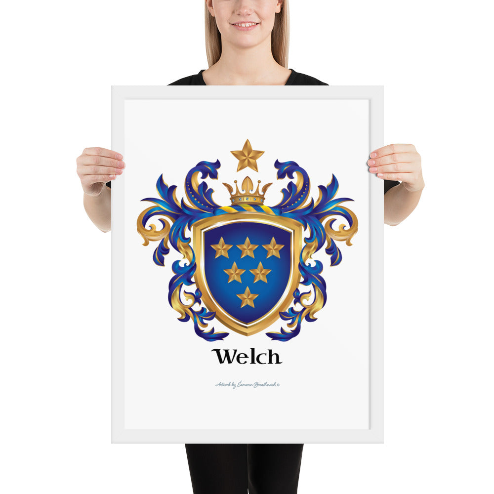 Welch Family Crest with six gold stars on blue shield printed on a white framed artprint held by a woman - English origin version of Welch coat of arms - Family Crests Store