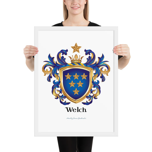 Welch Family Crest with six gold stars on blue shield printed on a white framed artprint held by a woman - English origin version of Welch coat of arms - Family Crests Store