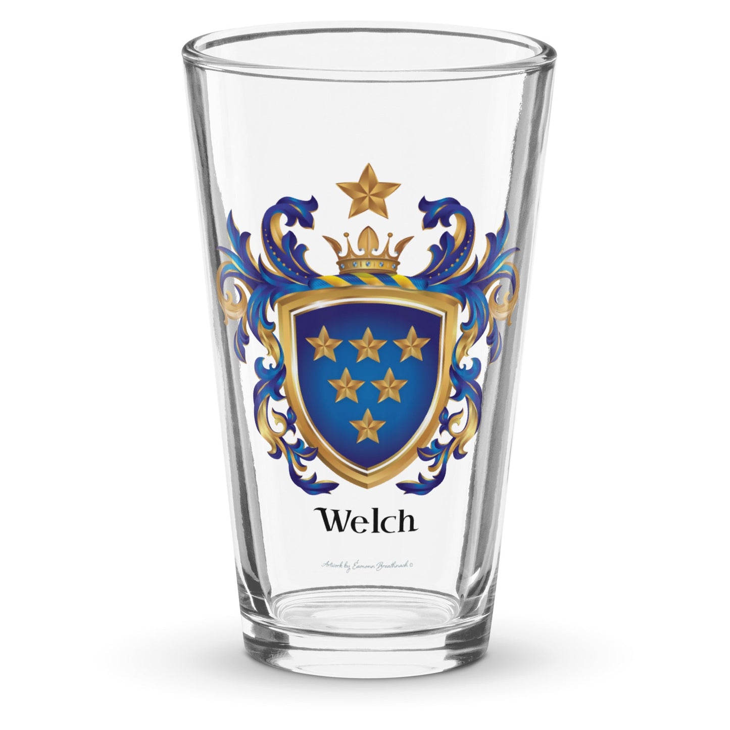 Welch Family Crest beer glass with 6 gold stars on blue shield - English origin-Family Crests Store