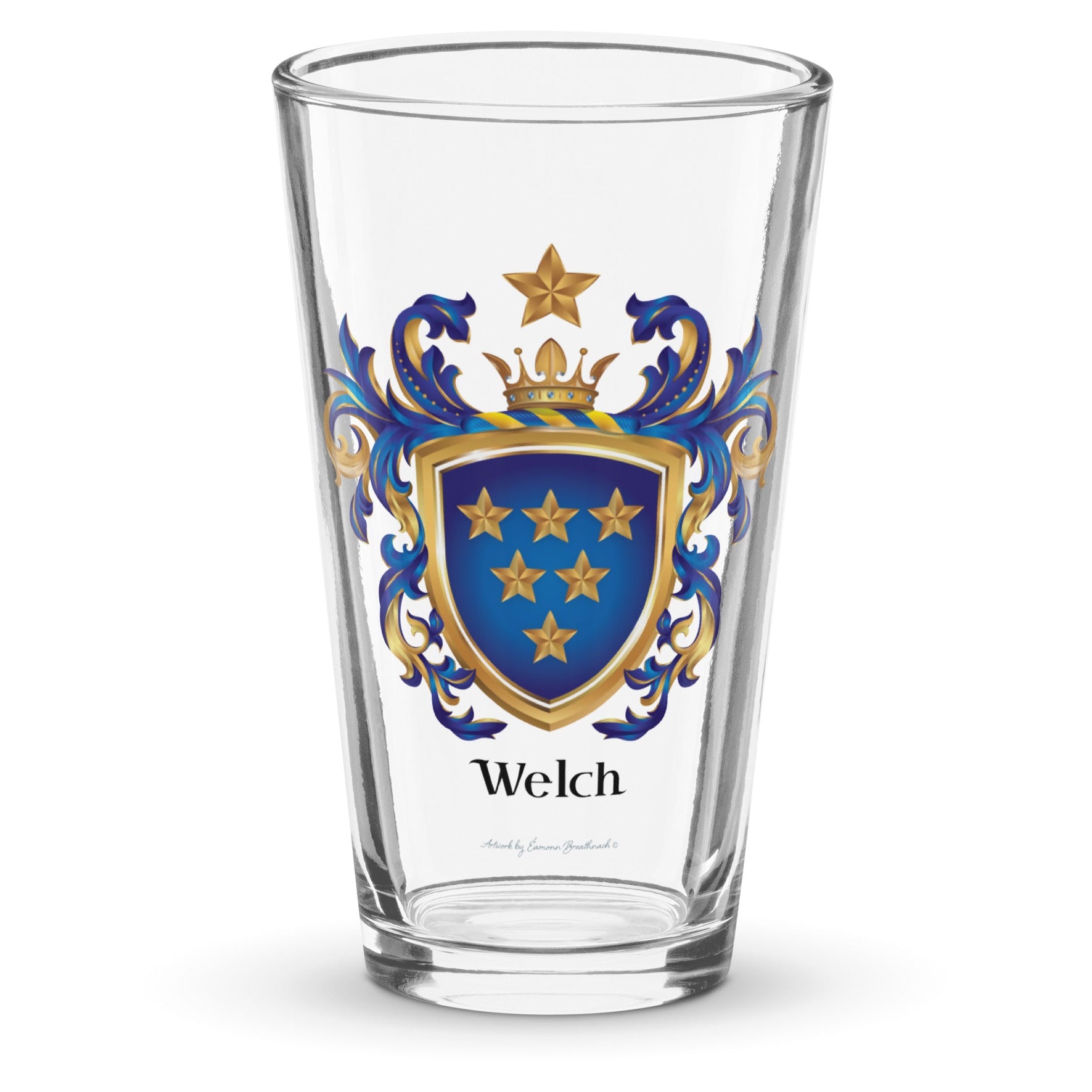 Welch Family Crest beer glass with 6 gold stars on blue shield - English origin-Family Crests Store