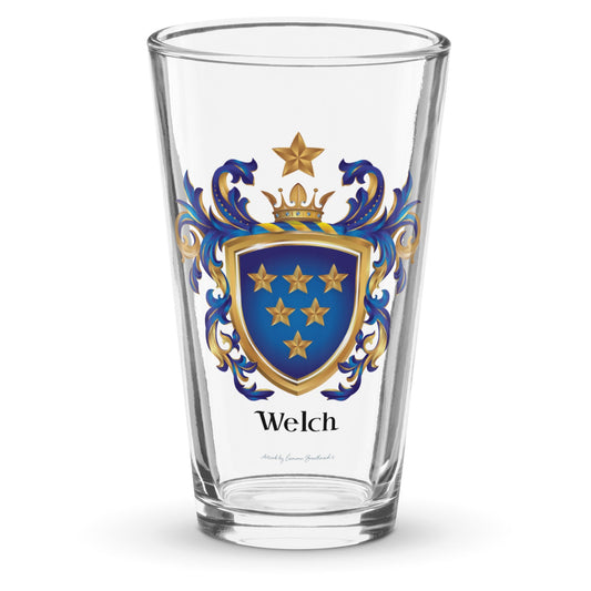 Welch Family Crest beer glass with 6 gold stars on blue shield - English origin-Family Crests Store