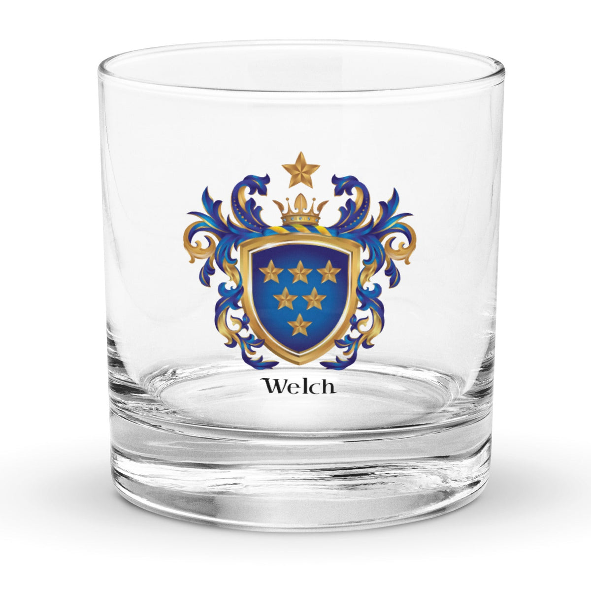The Welch Family Crest (English origin) with six gold stars on blue shield printed on a clasic pint beer glass - Family Crests Store