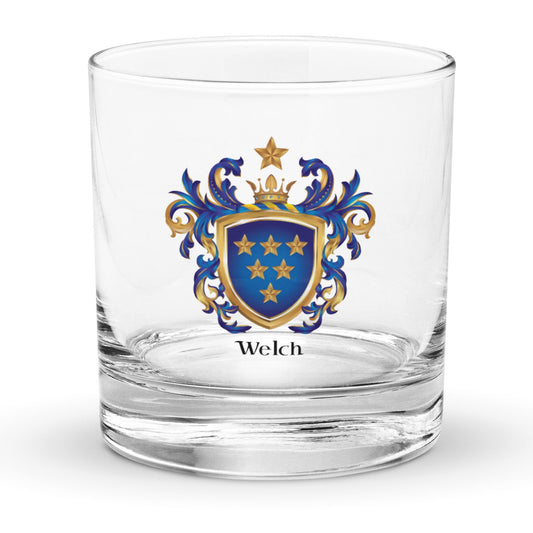 The Welch Family Crest (English origin) with six gold stars on blue shield printed on a clasic pint beer glass - Family Crests Store