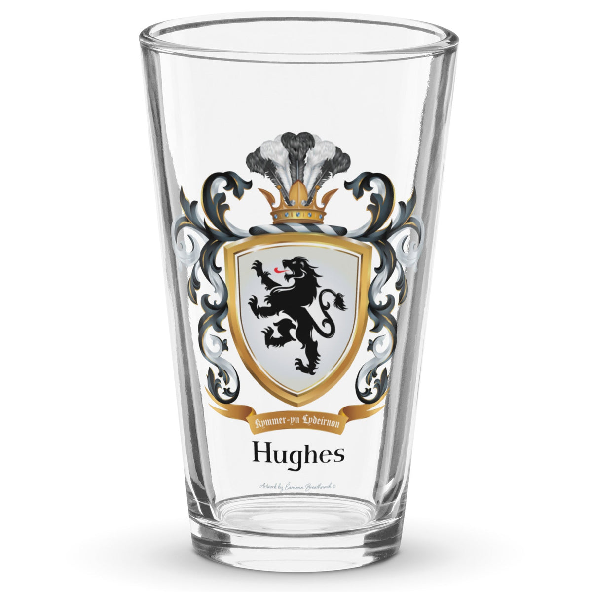 A clear classic pint beer glass on a white background, printed with the Welch Hughes Family Crest featuring a featuring a black lion on a white shield.