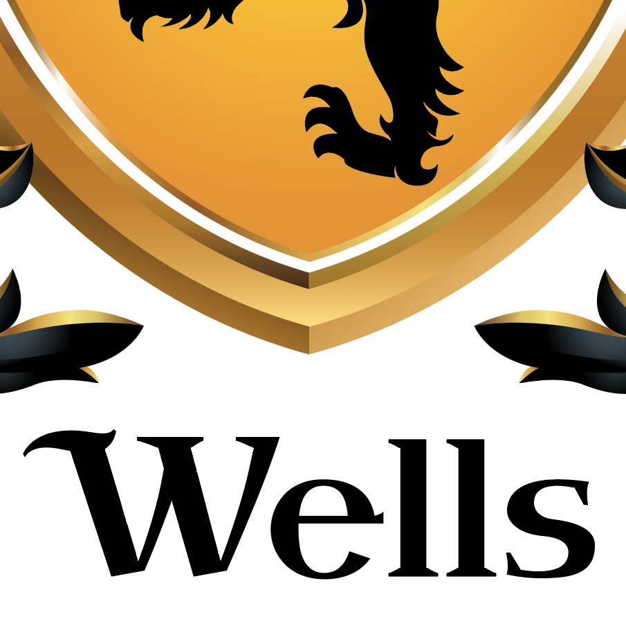 A close-up of the Wells Family Crest with a gold shield with a black lion silhouette and the word 'Wells' in large black serif text below on a white background.