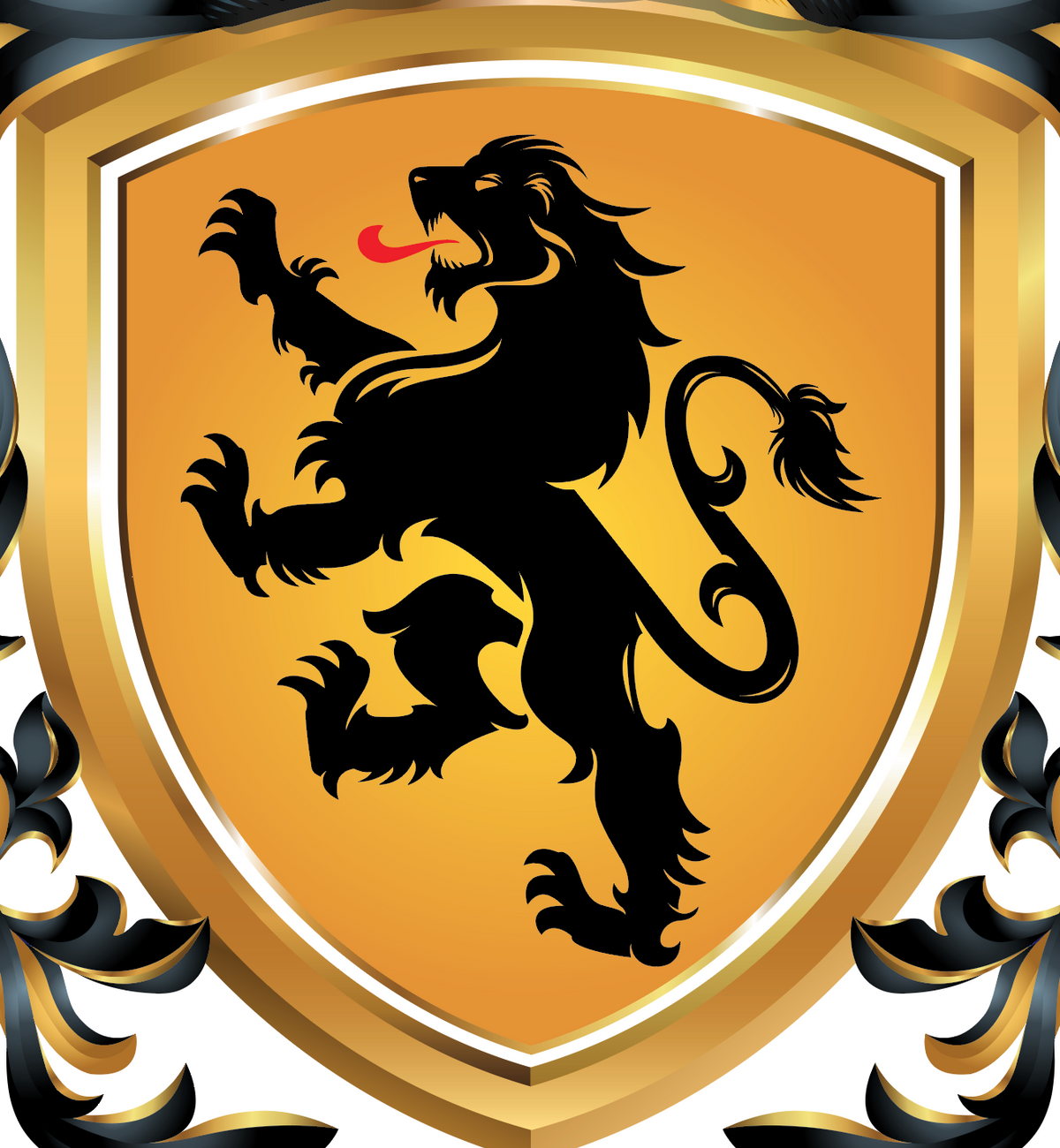 A close-up of the Wells Family Crest with a heraldic shield featuring a black rampant lion on a gold background, framed by a gold border with decorative black flourishes.