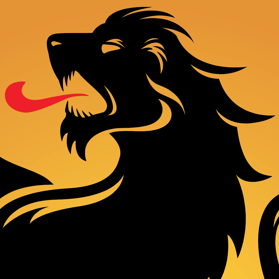 A close-up of the Wells Family Crest with a lion head silhouette in black with a red tongue, set against a warm yellow-to-orange gradient background.