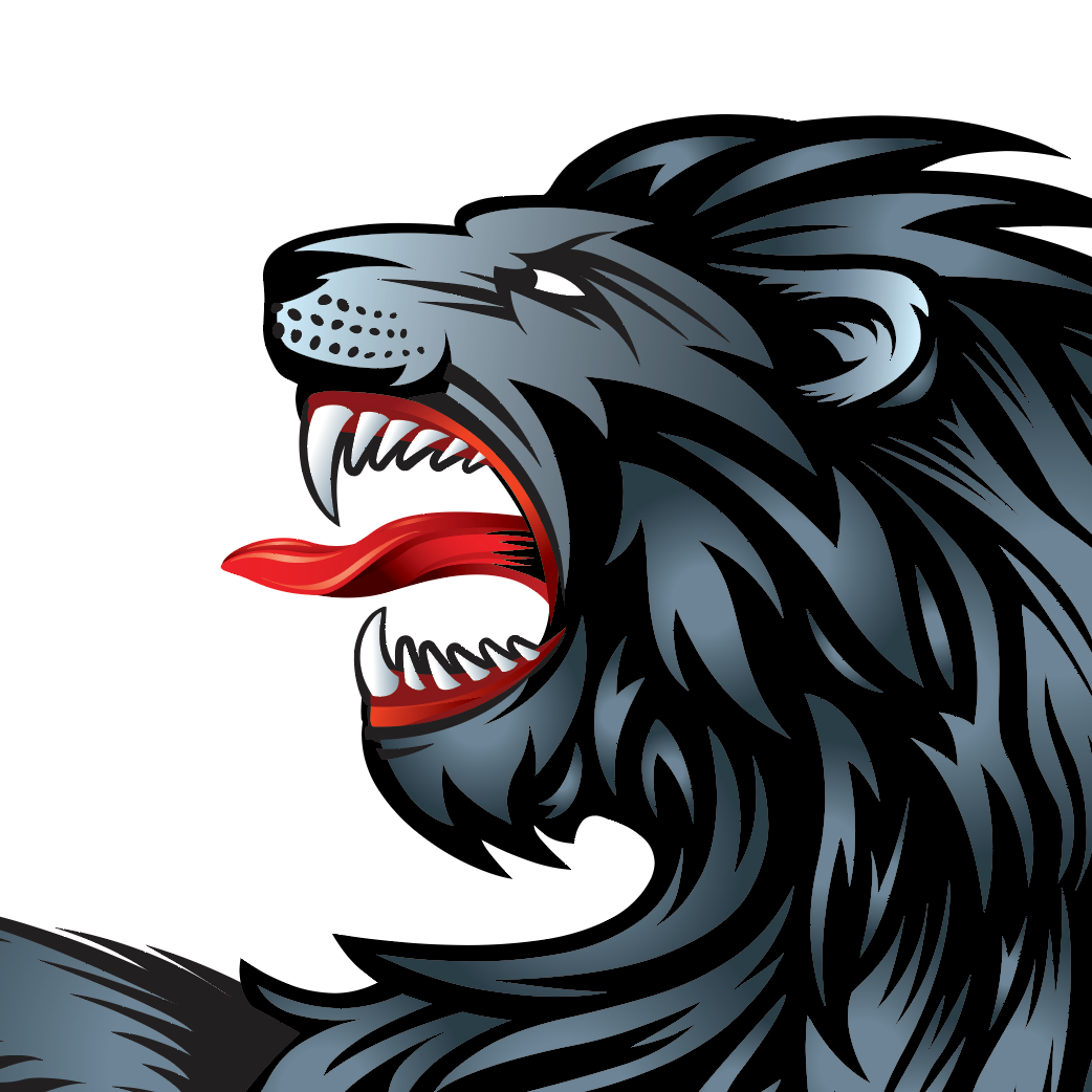 A close-up of the Wells Family Crest with a roaring lion head illustration in dark gray, black, white, and red tongue on a plain white background.