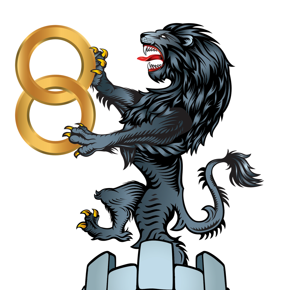A close-up of the Wells Family Crest with a stylised black lion rampant holding two interlocking gold rings shown on a plain white background.