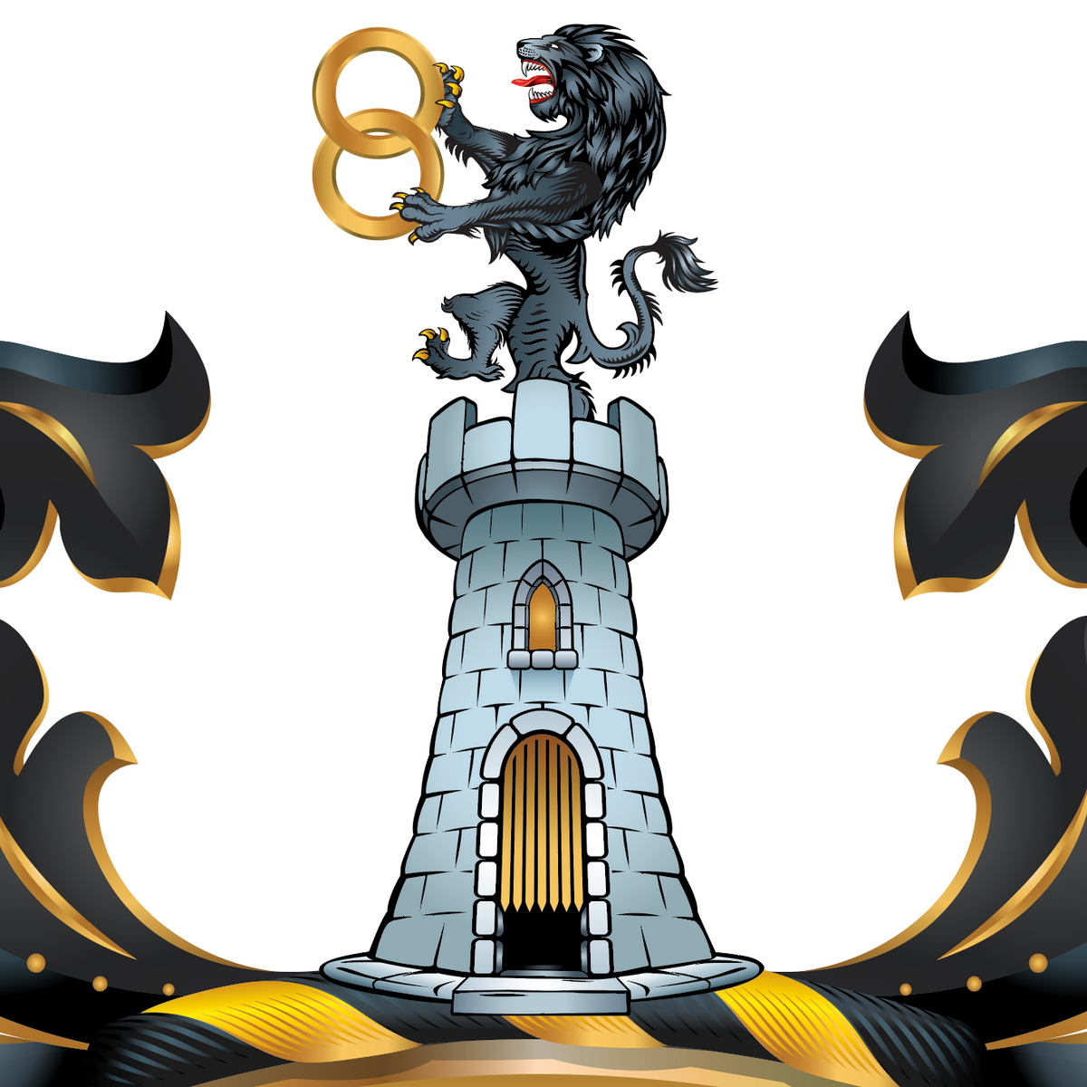 A close-up of the Wells Family Crest with a black lion rampant atop a gray stone tower, holding two interlocking gold rings, with black and gold decorative scrollwork on a white background.