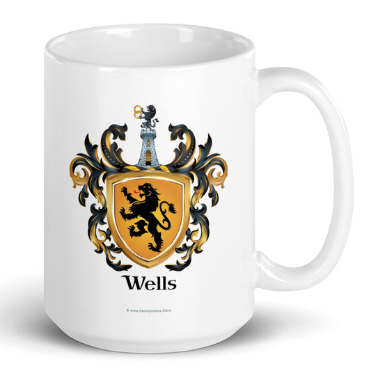Wells Family Crest mug with black lion on a gold shield on a white background